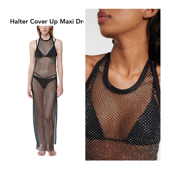 $595 Jonathan Simkhai Inaya Rhinestone Embellished Black Mesh Swim Coverup - Picture 1 of 17